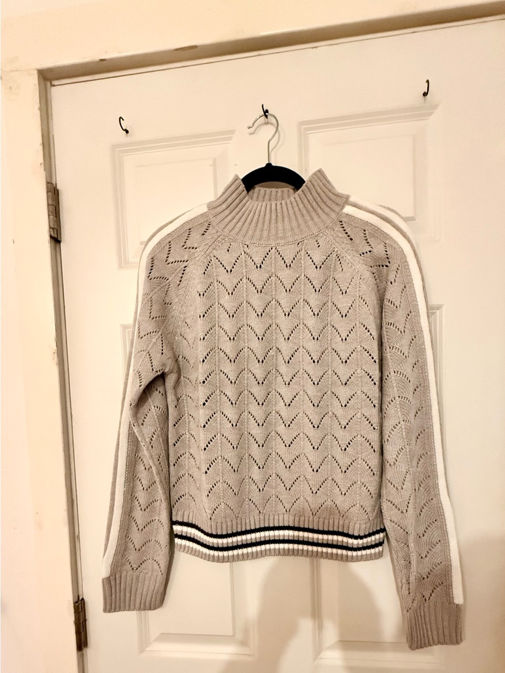 Kyodan Cream Cable Knit Mock Neck Sweater with Stripe Accents